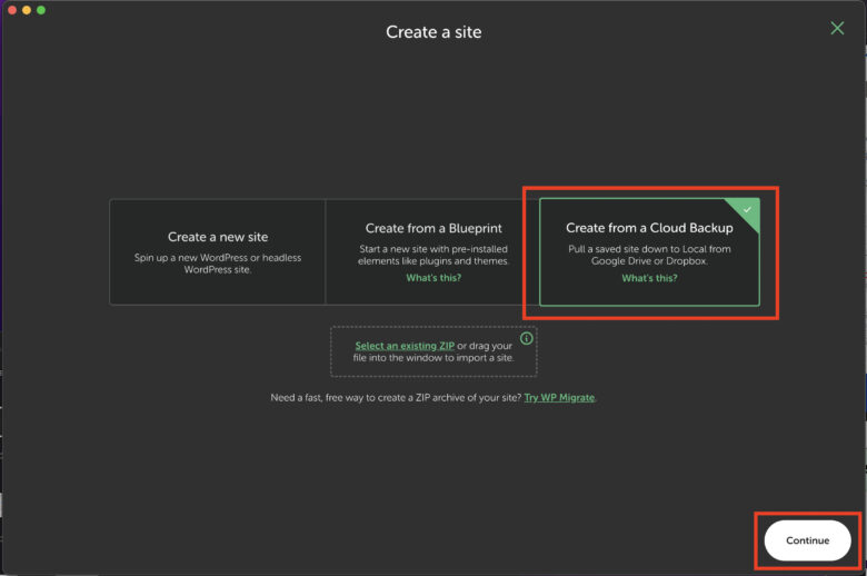 右側に「Create from a Cloud Backup」ボタンが追加されている